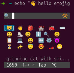 Picker running inline under a shell prompt, emoji inserted into the command line