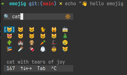 emojig terminal picker showing search results for cat